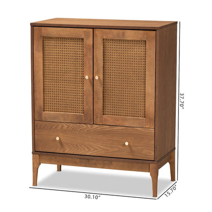 Ramiel Mid-Century Modern Ash Walnut Finished Wood and Rattan 1-Drawer Sideboard