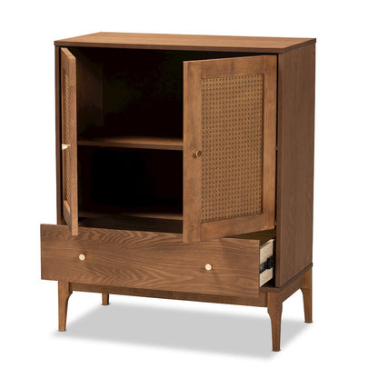 Ramiel Mid-Century Modern Ash Walnut Finished Wood and Rattan 1-Drawer Sideboard
