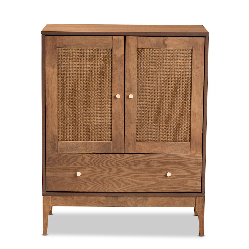 Ramiel Mid-Century Modern Ash Walnut Finished Wood and Rattan 1-Drawer Sideboard