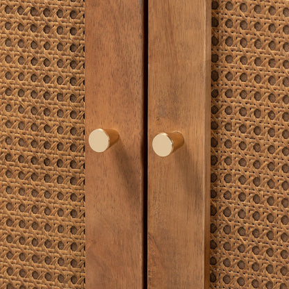 Ramiel Mid-Century Modern Ash Walnut Finished Wood and Rattan 1-Drawer Sideboard