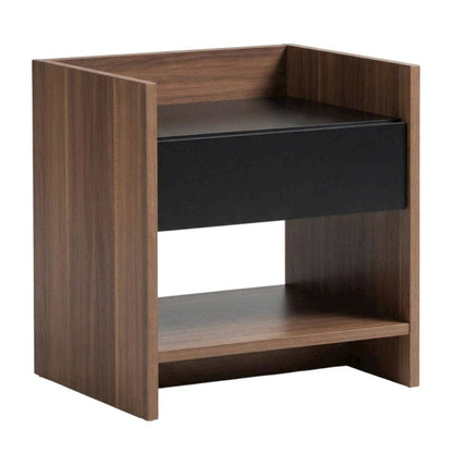 Contemporary Walnut and Black Nightstand with Wood Finish and Single Drawer