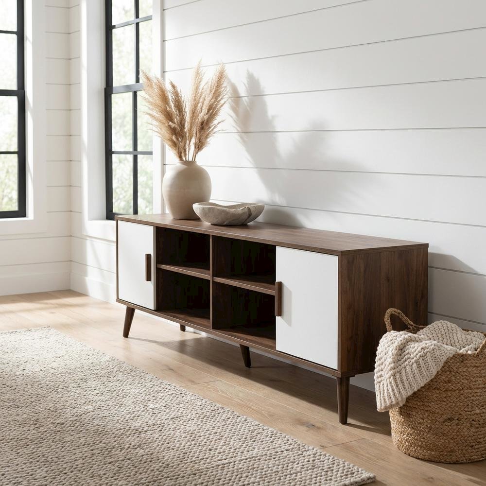 Modern Two-Tone White and Walnut Finishes TV Stand with Wooden Frame
