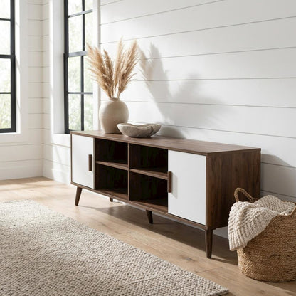 Modern Two-Tone White and Walnut Finishes TV Stand with Wooden Frame