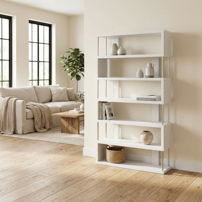 White Modern 6-Shelf Bookcase, Engineered Wood Construction, Transitional Style