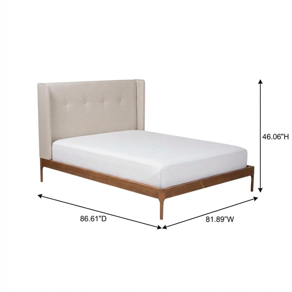 King Size Bed with Walnut Finish and Beige Fabric Upholstery, Mid-Century Style