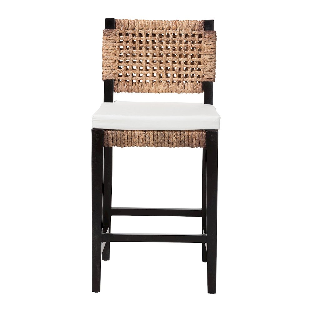 Bohemian Dark Brown Mahogany Wood and Seagrass Counter Stool