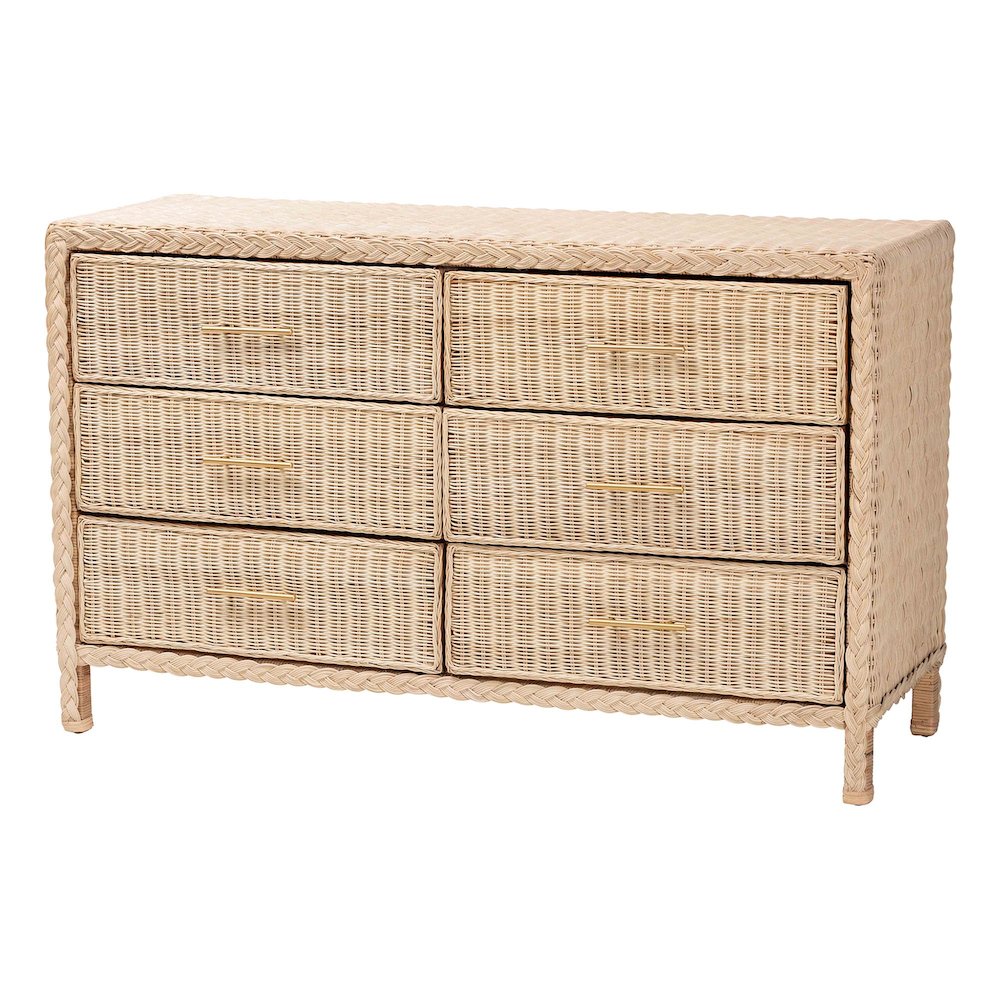 Lanica Japandi Sun-Bleached Braided Rattan 6-Drawer Dresser