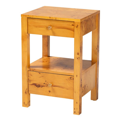 Modern and Contemporary Natural Light Mappa Real Burl Wood 2-Drawer Nightstand