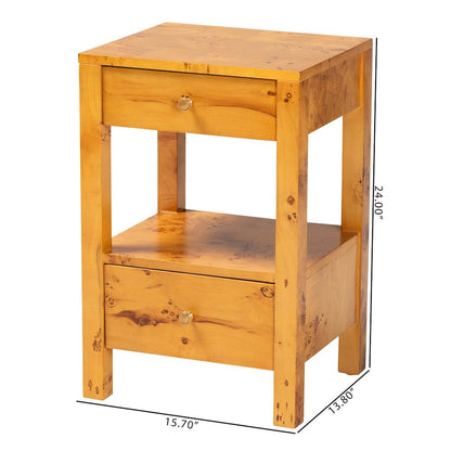 Modern and Contemporary Natural Light Mappa Real Burl Wood 2-Drawer Nightstand