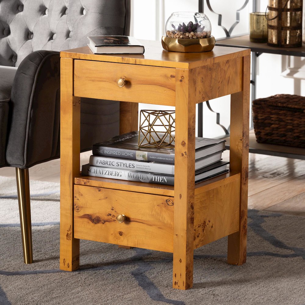 Modern and Contemporary Natural Light Mappa Real Burl Wood 2-Drawer Nightstand