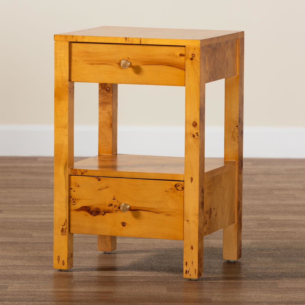 Modern and Contemporary Natural Light Mappa Real Burl Wood 2-Drawer Nightstand