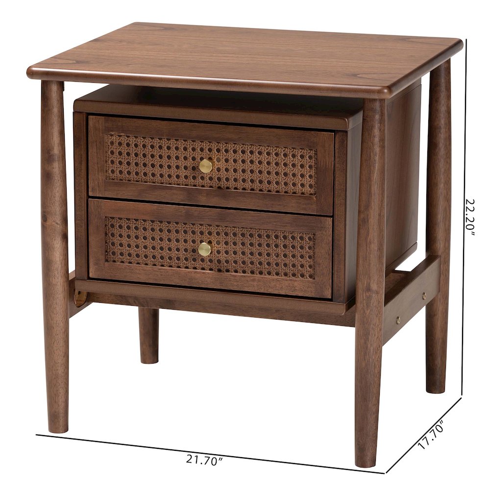 Studio Alyssa Japandi Walnut Brown Wood 2-Drawer Nightstand Woven with Rattan