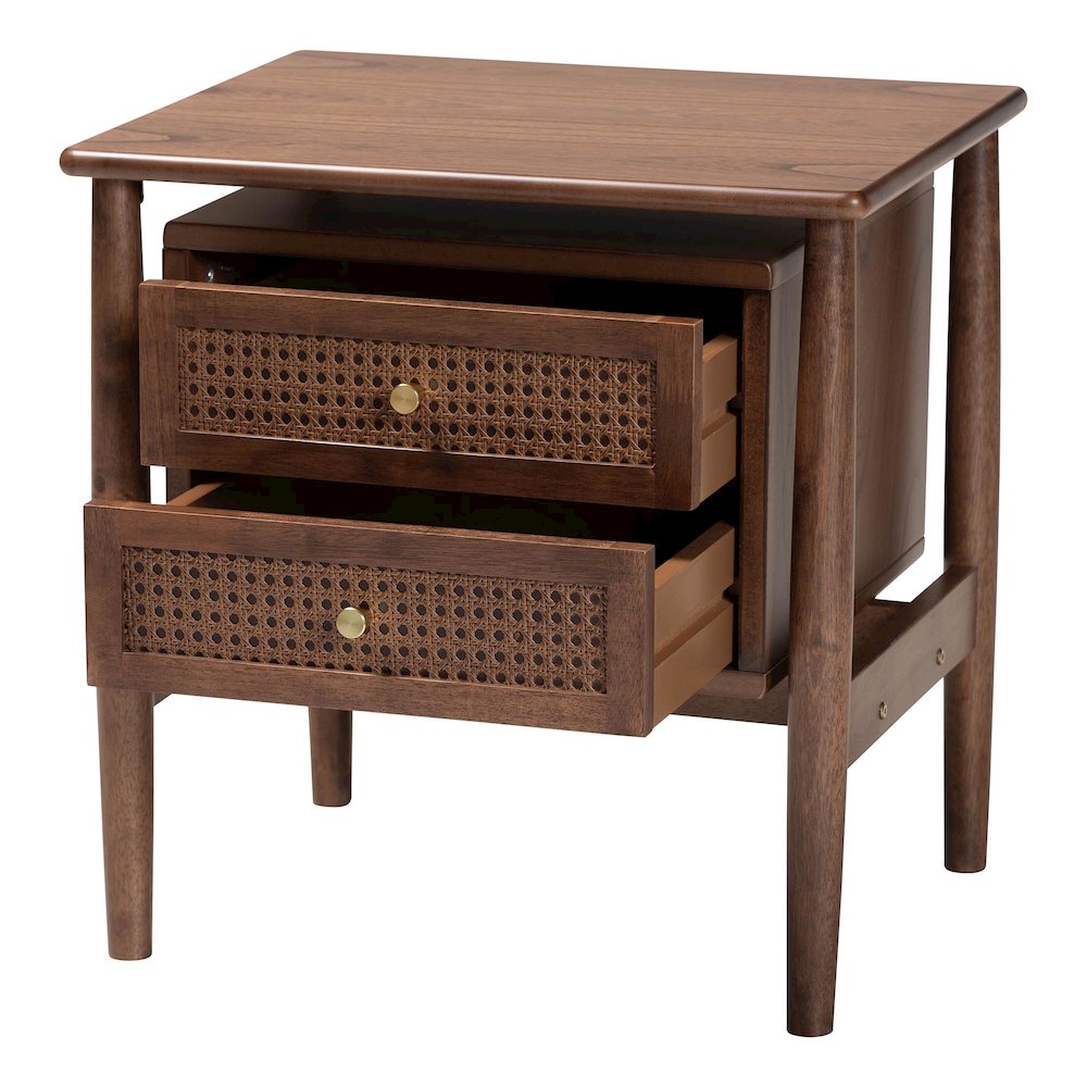 Studio Alyssa Japandi Walnut Brown Wood 2-Drawer Nightstand Woven with Rattan