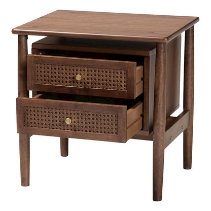 Studio Alyssa Japandi Walnut Brown Wood 2-Drawer Nightstand Woven with Rattan