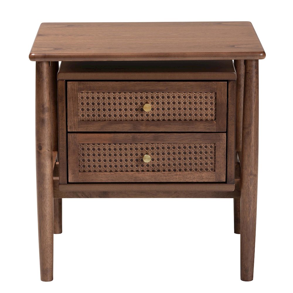 Studio Alyssa Japandi Walnut Brown Wood 2-Drawer Nightstand Woven with Rattan