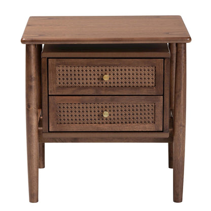 Studio Alyssa Japandi Walnut Brown Wood 2-Drawer Nightstand Woven with Rattan