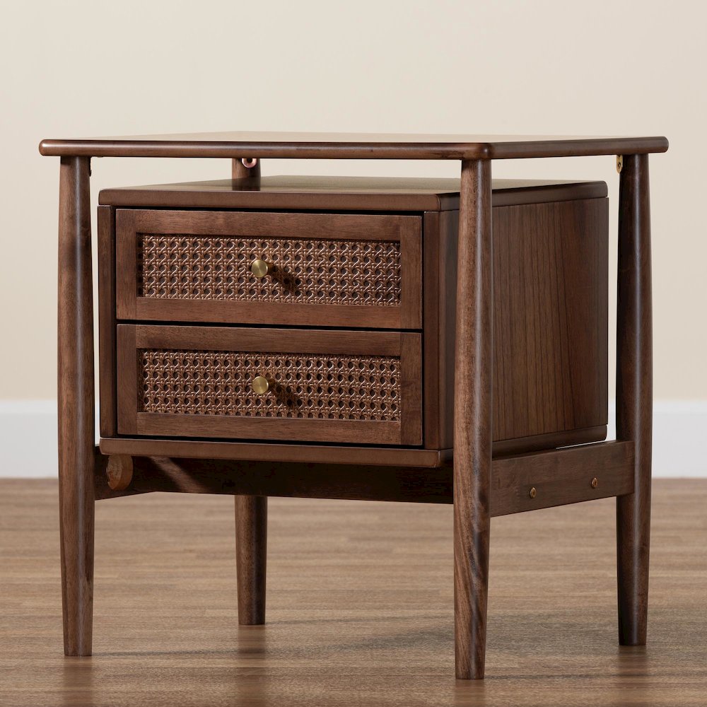 Studio Alyssa Japandi Walnut Brown Wood 2-Drawer Nightstand Woven with Rattan