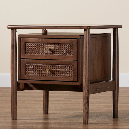Studio Alyssa Japandi Walnut Brown Wood 2-Drawer Nightstand Woven with Rattan