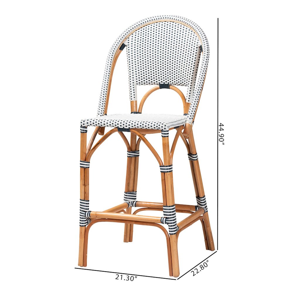 Two-Tone Navy and White Weaving and Natural Rattan Bar Stool
