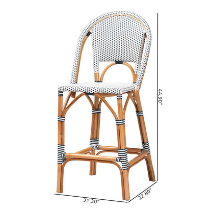 Two-Tone Navy and White Weaving and Natural Rattan Bar Stool