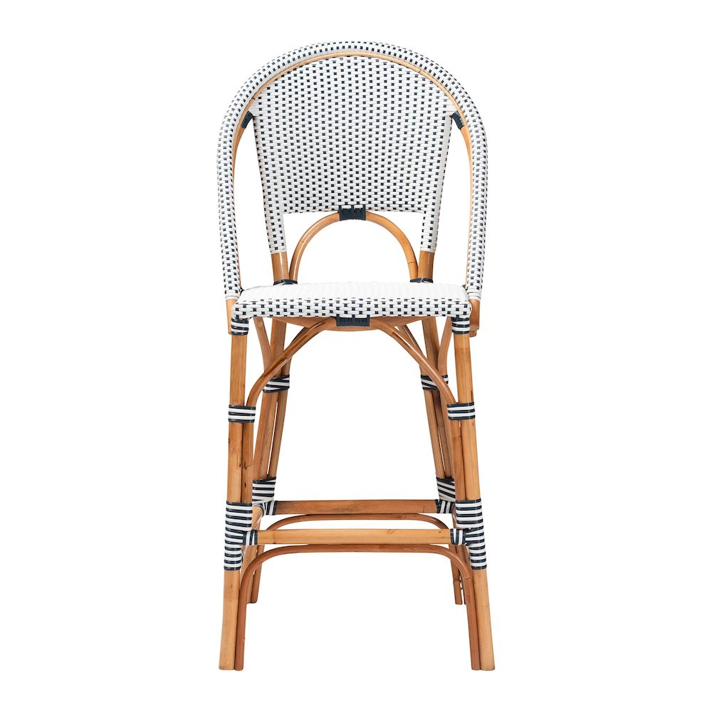 Two-Tone Navy and White Weaving and Natural Rattan Bar Stool