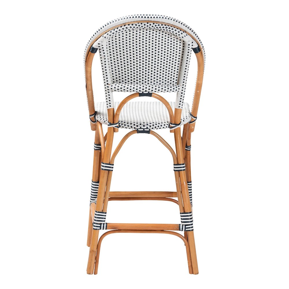 Two-Tone Navy and White Weaving and Natural Rattan Bar Stool