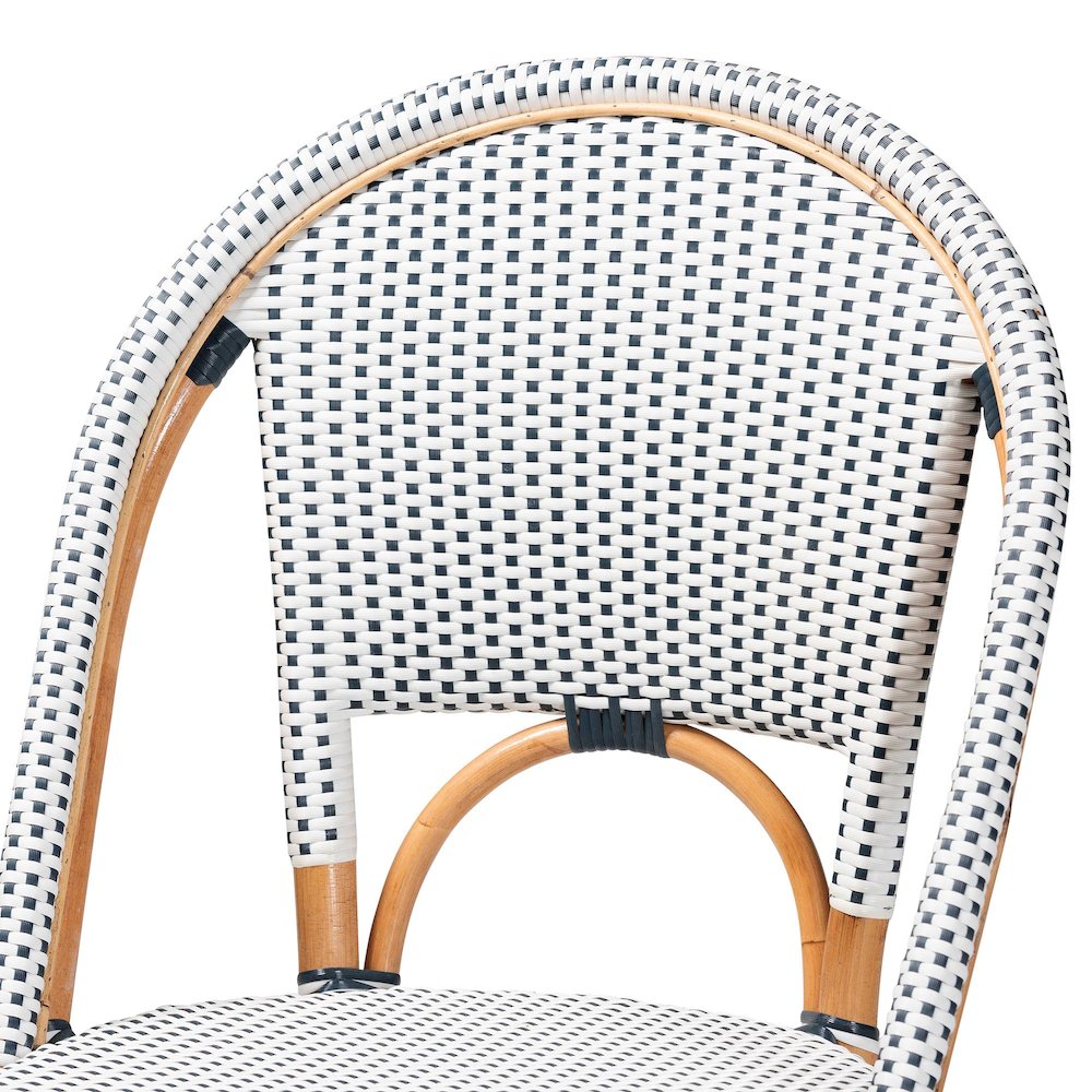 Two-Tone Navy and White Weaving and Natural Rattan Bar Stool