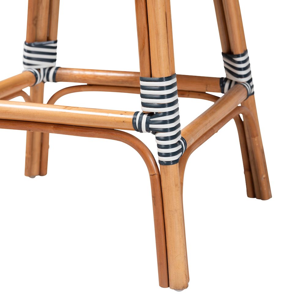 Two-Tone Navy and White Weaving and Natural Rattan Bar Stool
