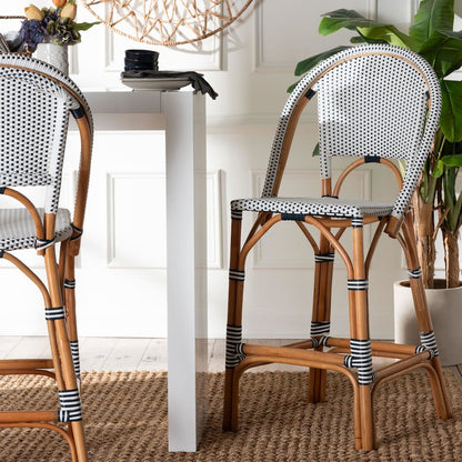 Two-Tone Navy and White Weaving and Natural Rattan Bar Stool