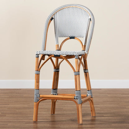 Two-Tone Navy and White Weaving and Natural Rattan Bar Stool
