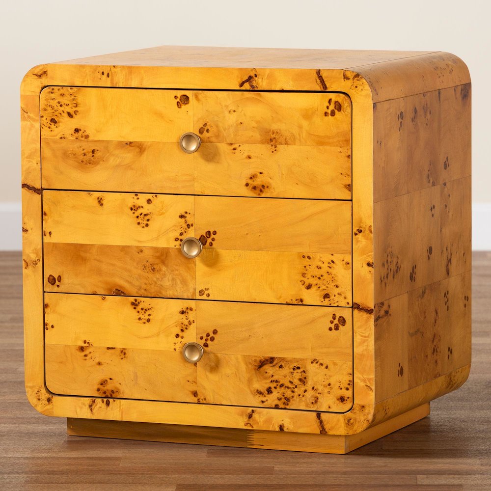 Netra Modern and  Natural Real Burl Wood 3-Drawer Nightstand