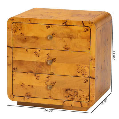 Netra Modern and  Natural Real Burl Wood 3-Drawer Nightstand