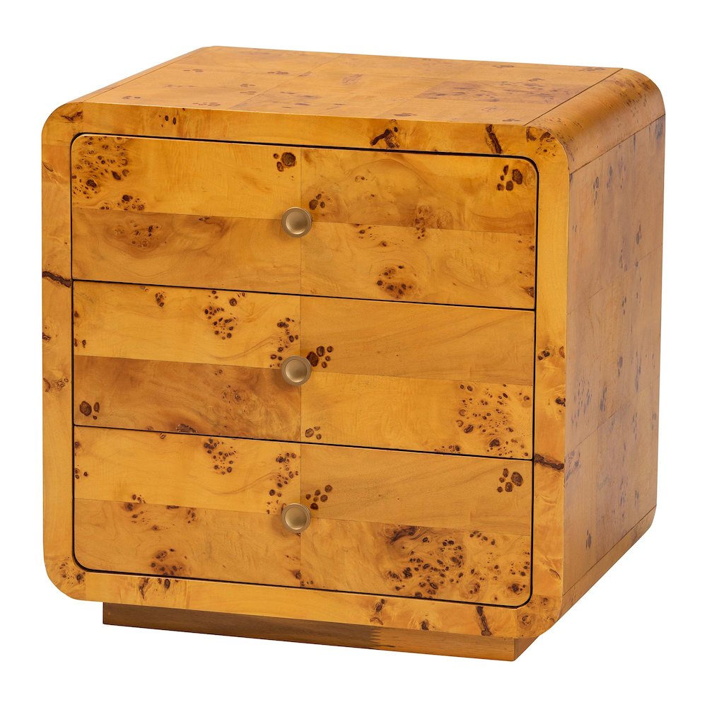 Netra Modern and  Natural Real Burl Wood 3-Drawer Nightstand