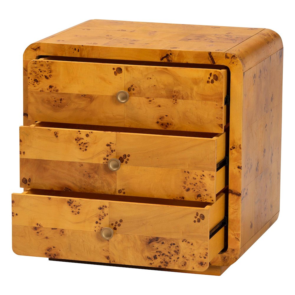 Netra Modern and  Natural Real Burl Wood 3-Drawer Nightstand