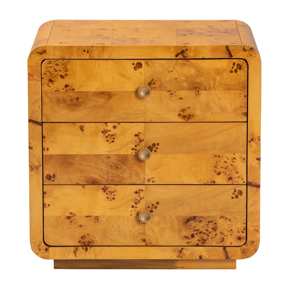 Netra Modern and  Natural Real Burl Wood 3-Drawer Nightstand