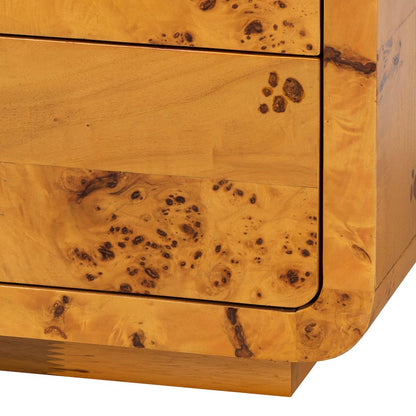 Netra Modern and  Natural Real Burl Wood 3-Drawer Nightstand
