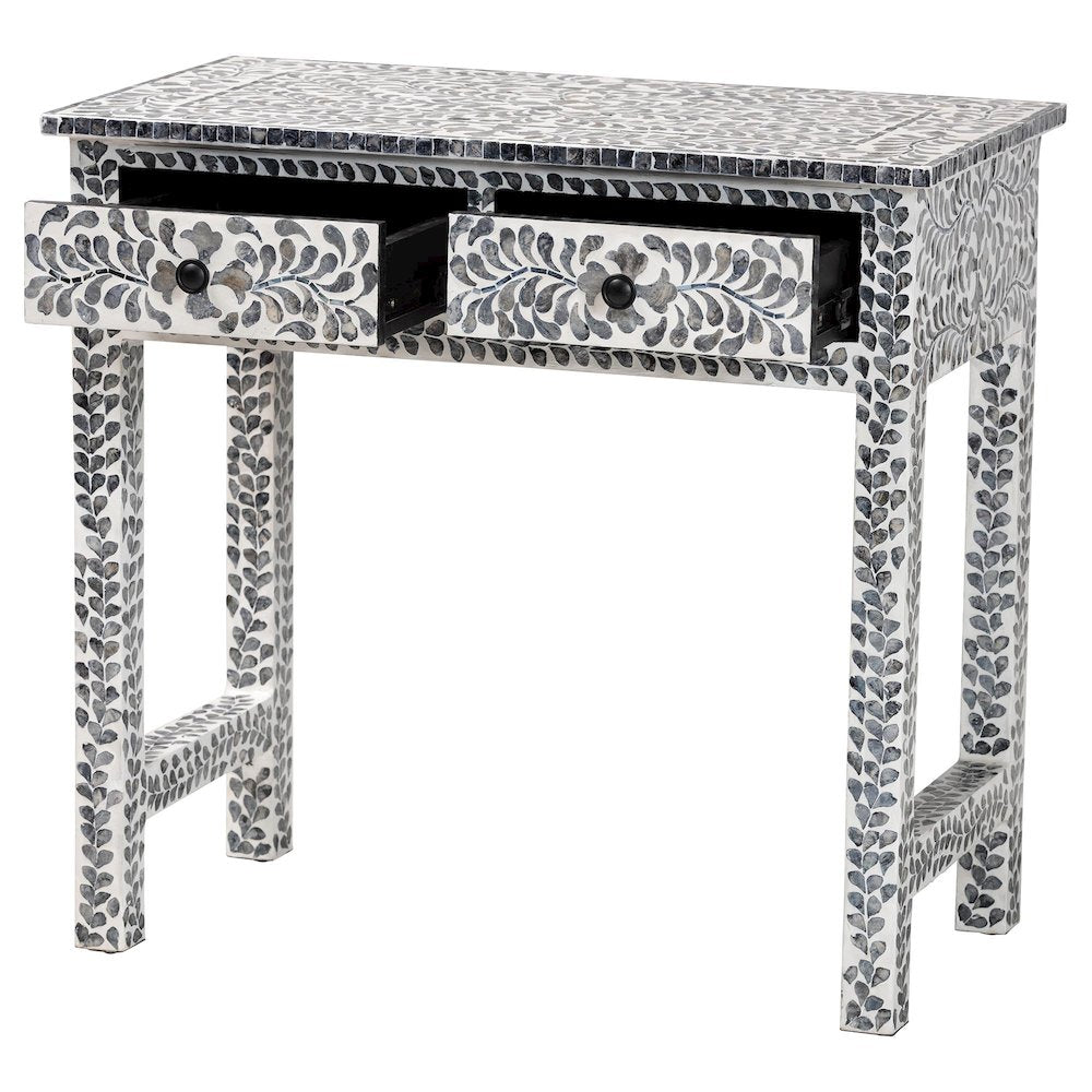Diata Coastal Black and White Mother of Pearl Capiz Shell 2-Drawer Console Table