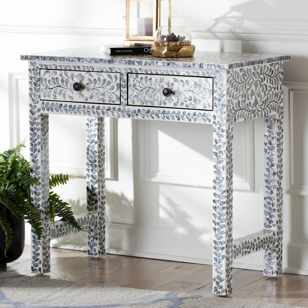Diata Coastal Black and White Mother of Pearl Capiz Shell 2-Drawer Console Table
