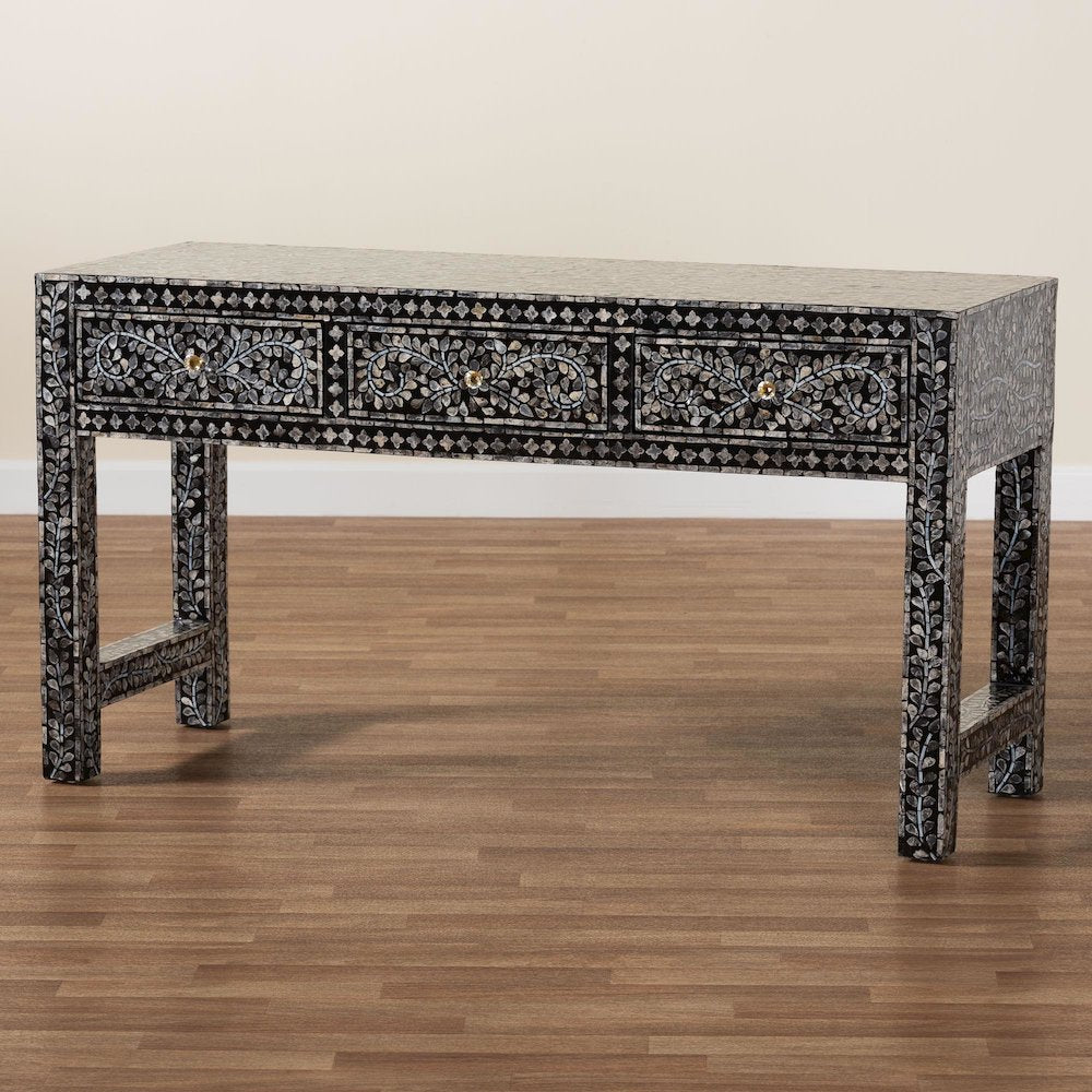 Elara Coastal Black and White Mother of Pearl Capiz Shell 3-Drawer Console Table