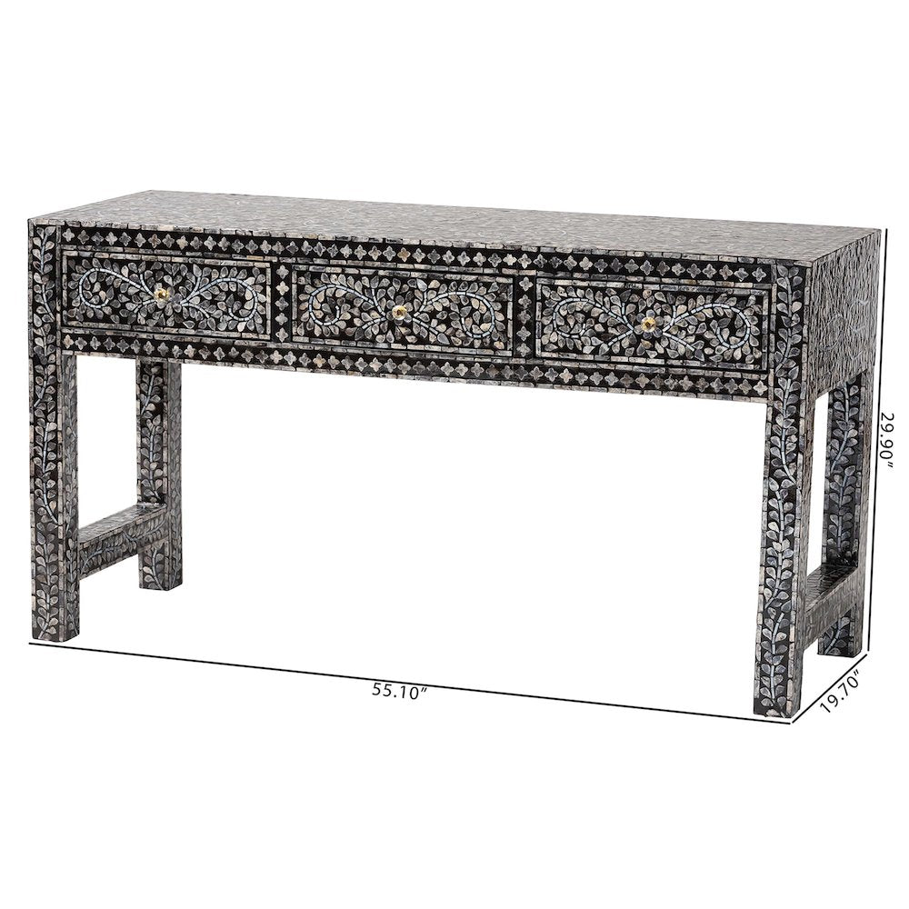 Elara Coastal Black and White Mother of Pearl Capiz Shell 3-Drawer Console Table