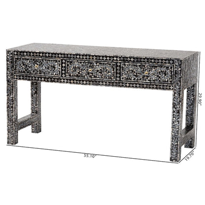 Elara Coastal Black and White Mother of Pearl Capiz Shell 3-Drawer Console Table