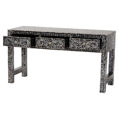 Elara Coastal Black and White Mother of Pearl Capiz Shell 3-Drawer Console Table