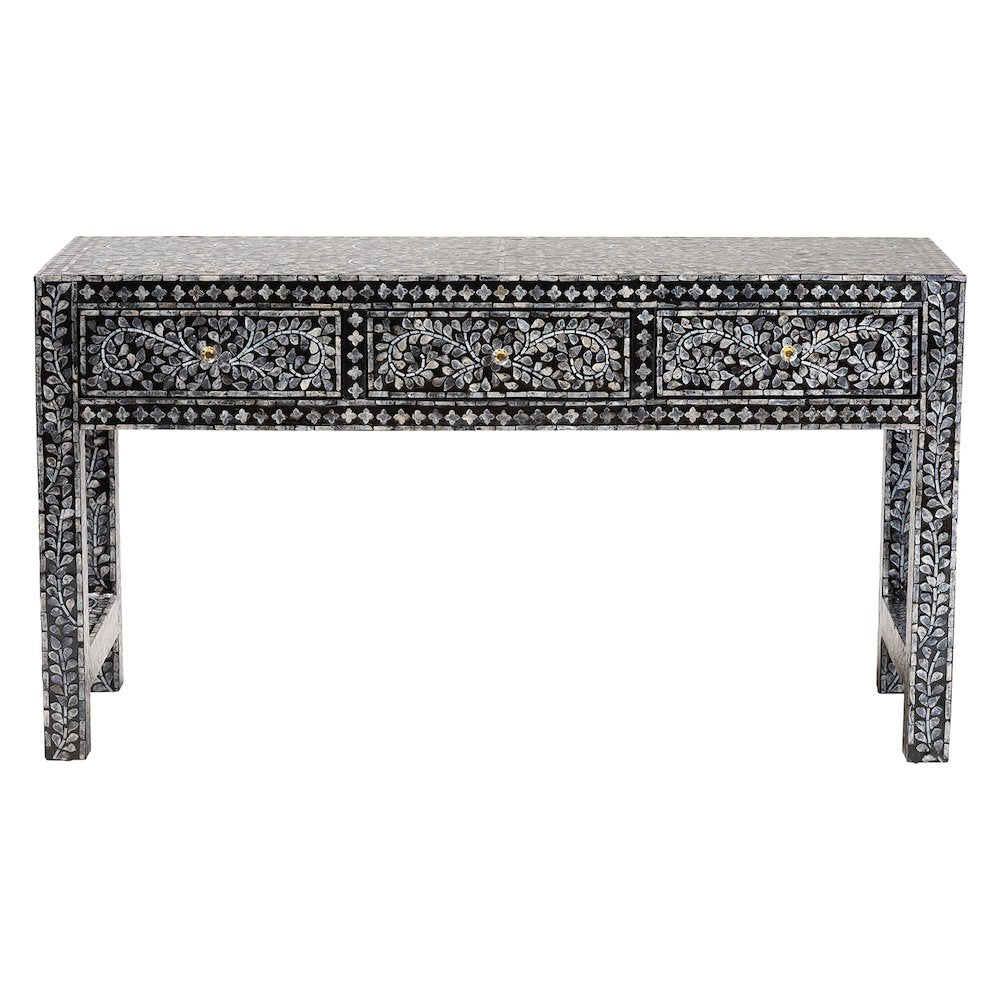 Elara Coastal Black and White Mother of Pearl Capiz Shell 3-Drawer Console Table