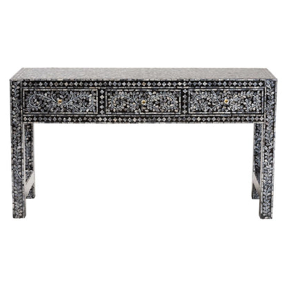 Elara Coastal Black and White Mother of Pearl Capiz Shell 3-Drawer Console Table