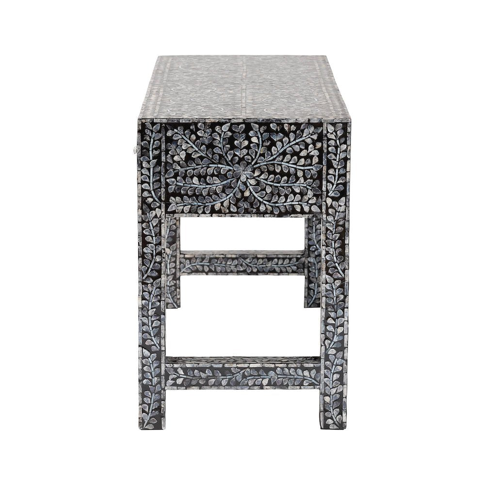 Elara Coastal Black and White Mother of Pearl Capiz Shell 3-Drawer Console Table