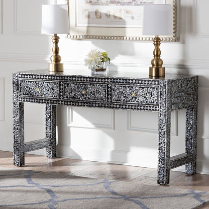 Elara Coastal Black and White Mother of Pearl Capiz Shell 3-Drawer Console Table
