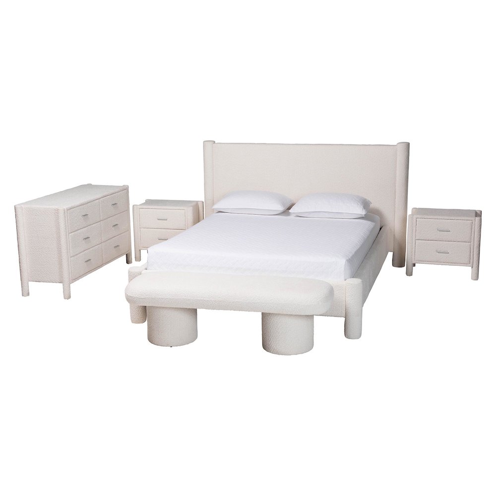 Laria Modern White Teddy-Bear Fabric Queen Size 5-Piece Bedroom Set