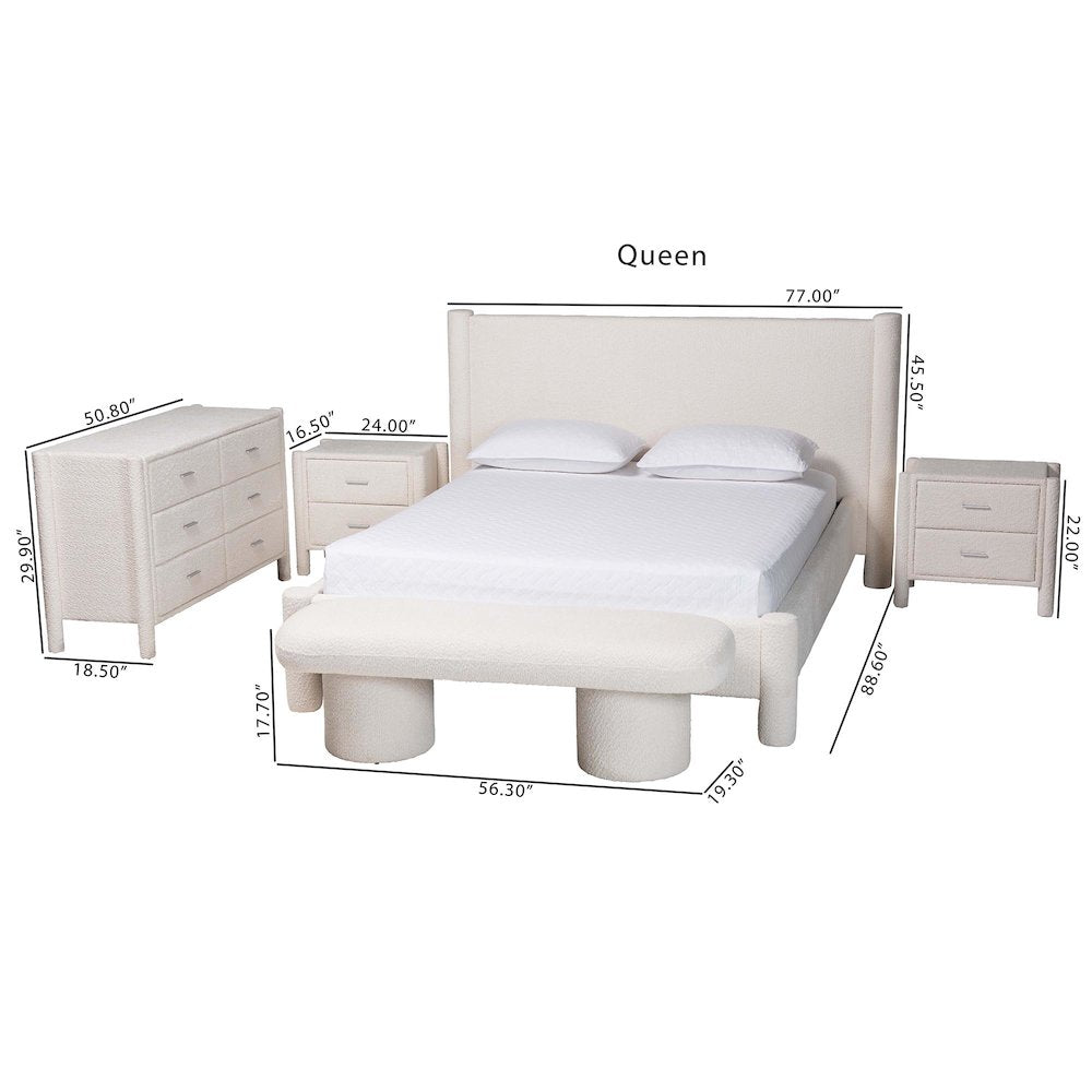 Laria Modern White Teddy-Bear Fabric Queen Size 5-Piece Bedroom Set