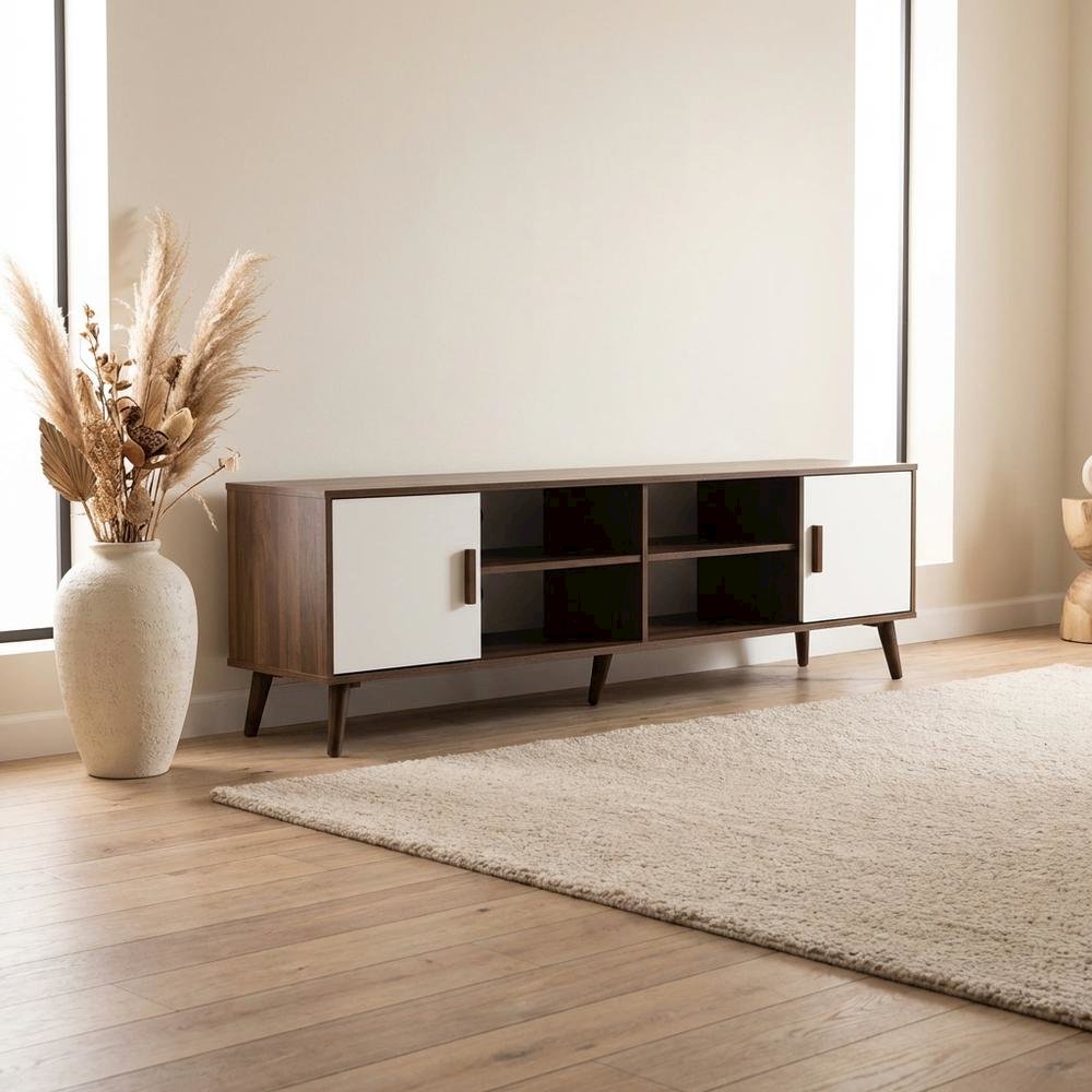 Modern Two-Tone White and Walnut Finishes TV Stand with Wooden Frame