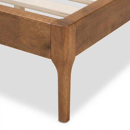 King Size Bed with Walnut Finish and Beige Fabric Upholstery, Mid-Century Style